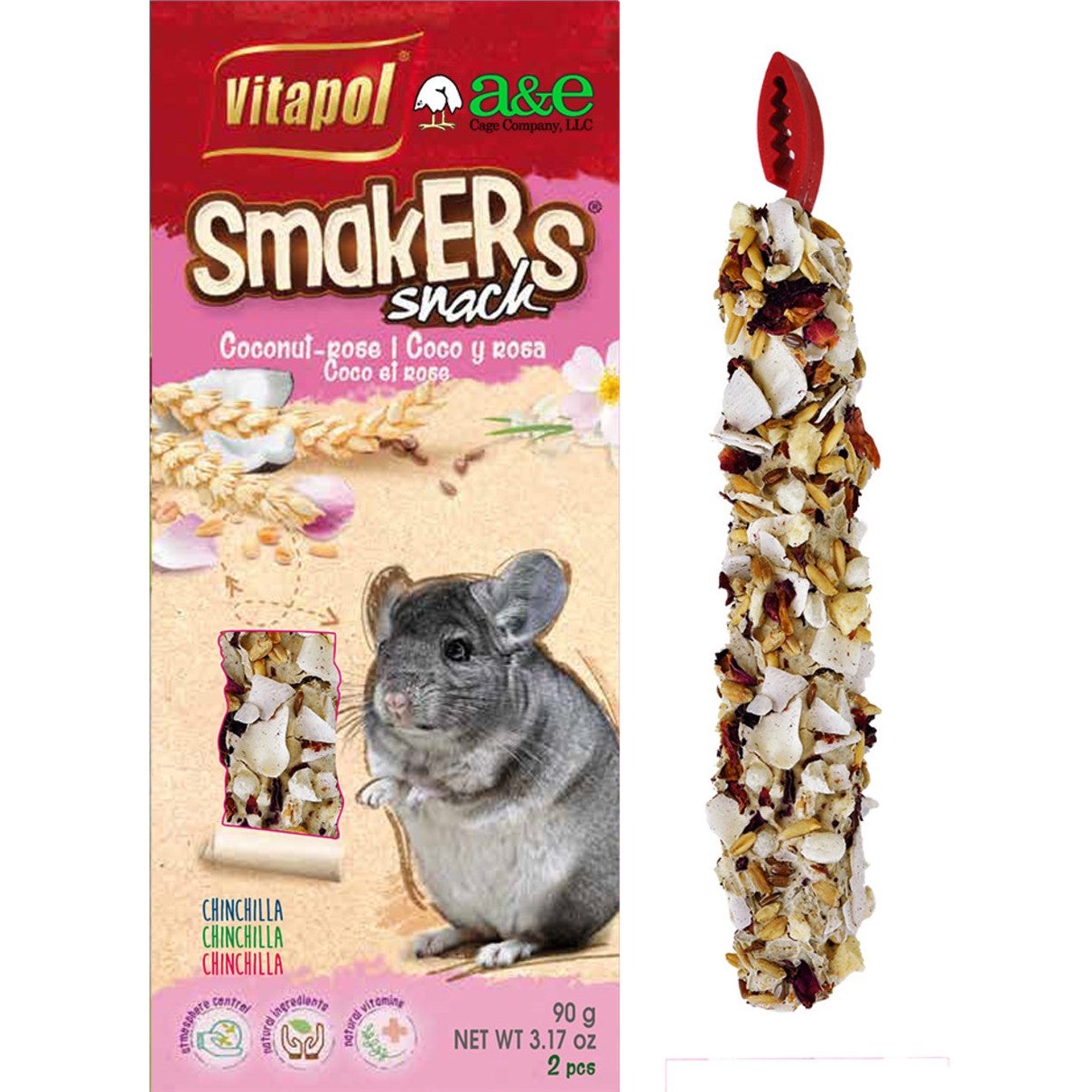 A & E Cages Vitapol Smakers Small Animal Treat Stick Coconut & Rose Petal, 1ea/3.17 oz, 2 ct