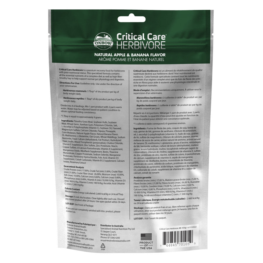 Oxbow Animal Health Critical Care Herbivore Feeding Formula 454g, Apple & Banana, 1ea/16 oz