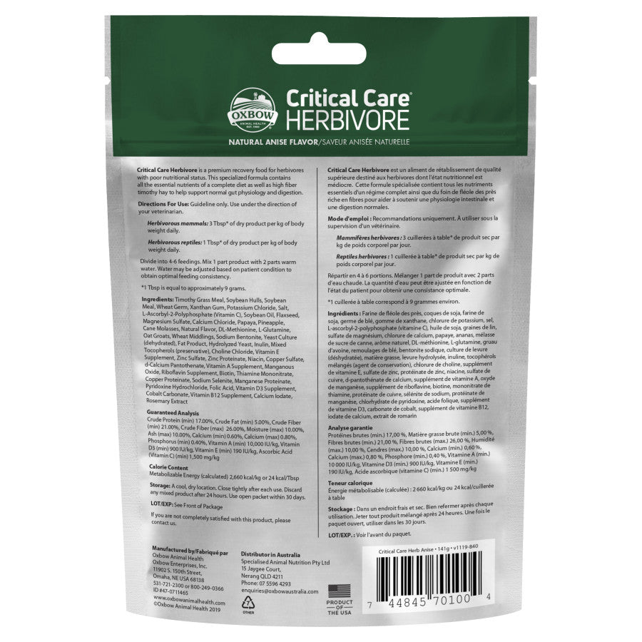 Oxbow Animal Health Critical Care Herbivore Feeding Formula 141g, Anise, 1ea/4.97 oz