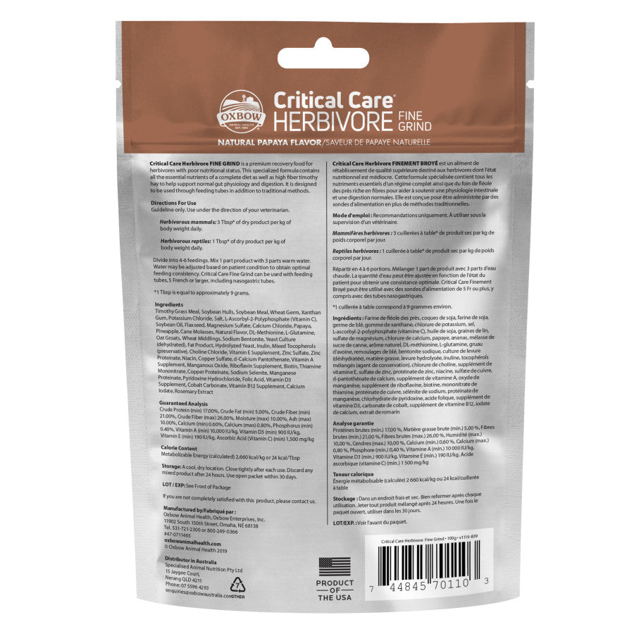 Oxbow Animal Health Critical Care Herbivore Fine Grind Feeding Formula 100g, Papaya, 1ea/3.53 oz